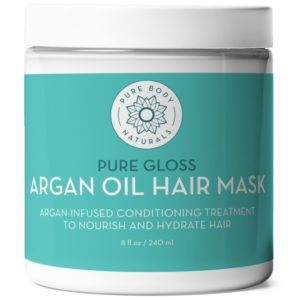 A 240 mL jar of Moroccan Argan Oil Deep Hydration Hair Mask. The label is turquoise and white, stating it is an argan-infused conditioning treatment to nourish and hydrate hair.