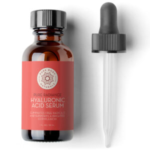 A photo of a bottle of Hyaluronic Acid Serum along with a glass dropper