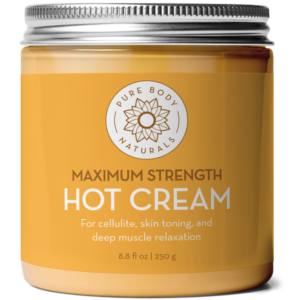 A jar of Maximum Strength Hot Cream, designed for cellulite reduction, skin toning, and deep muscle relaxation. The jar is yellow with a silver lid and contains 8.8 fl oz (250 g) of the product.