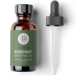 A brown glass bottle with a silver label reading "Rosemary Essential Oil." The bottle has a black screw cap, and a separate dropper is placed beside it.