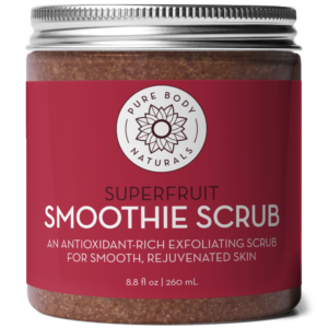 A jar of Superfruit Smoothie Scrub with an 8.8 fl oz (260 mL) capacity. The label is maroon with white text, providing details about its antioxidant-rich exfoliating properties for smooth, rejuvenated skin. The jar has a metal screw-top lid.