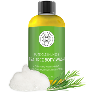 A green bottle of Tea Tree Body Wash is displayed, labeled "Pure Cleanliness." It's accompanied by a foam of soap bubbles and a sprig of green tea tree leaves. The bottle has a black cap and contains 266 ml (9 fl oz) of body wash.