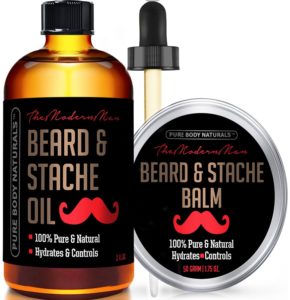 A bottle of Hydrating Beard Oil and a tin of Balm Care Set, both labeled "The Modern Man" by Pure Body Naturals. The products are 100% pure and natural, intended to hydrate and control facial hair, featuring a red mustache logo.