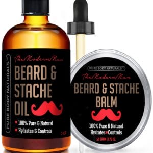 A bottle of Hydrating Beard Oil and a tin of Balm Care Set, both labeled "The Modern Man" by Pure Body Naturals. The products are 100% pure and natural, intended to hydrate and control facial hair, featuring a red mustache logo.