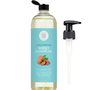 A photo of a bottle of Sweet Almond Oil along with a dispensing pump