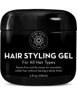 Image of a container of Hair Gel for Men by Pure Body Naturals. The container is black with white text detailing the product as suitable for all hair types. It claims to tame frizz and fly-aways, providing smoother, softer hair without a sticky finish. The container holds 4 fl oz (118 ml).