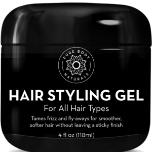 Image of a container of Hair Gel for Men by Pure Body Naturals. The container is black with white text detailing the product as suitable for all hair types. It claims to tame frizz and fly-aways, providing smoother, softer hair without a sticky finish. The container holds 4 fl oz (118 ml).