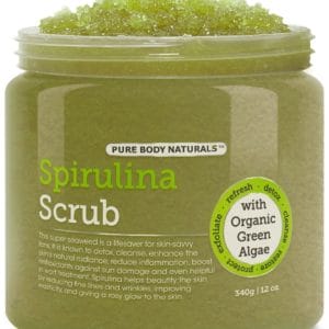 A jar labeled "Spirulina Scrub" from Pure Body Naturals, featuring green scrub contents. It claims to detox, cleanse, and enhance skin health with organic green algae. The jar has 340g or 12oz of product. Key benefits include exfoliating, refreshing, and improving skin elasticity.