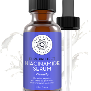 A brown glass bottle labeled "Vitamin B3 Serum" with a black dropper cap next to it. The label indicates the serum hydrates, repairs, and protects skin. The background features splashes of a liquid substance.