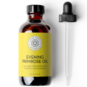 A brown glass bottle with a yellow label reads "Evening Primrose Oil, 4 fl oz." Next to it is a black dropper with a rubber bulb.