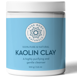 A white container with a blue label containing Kaolin Clay Powder, 100 g by Pure Body Naturals. The label reads: "100% Pure & Natural Kaolin Clay, A highly purifying and gentle cleanser, 100 g | 3.5 oz." The label also features a circular logo with a flower design.